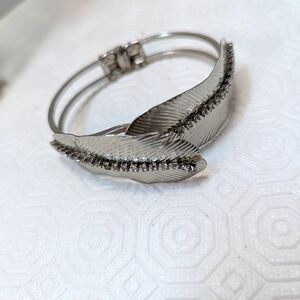Silver tone Rhinestones Feather cuff Bracelet